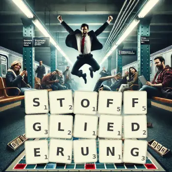 Kreative Illustration für ein Scrabble-Spiel, bei dem das Wort STOFFGLIEDERUNG mit Steinen auf dem Brett gelegt wurde.