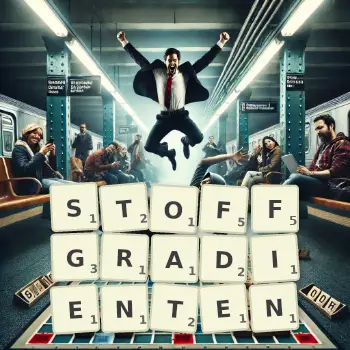 Kreative Illustration für ein Scrabble-Spiel, bei dem das Wort STOFFGRADIENTEN mit Steinen auf dem Brett gelegt wurde.