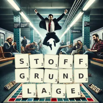Kreative Illustration für ein Scrabble-Spiel, bei dem das Wort STOFFGRUNDLAGE mit Steinen auf dem Brett gelegt wurde.