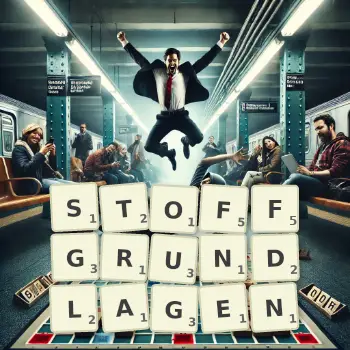 Kreative Illustration für ein Scrabble-Spiel, bei dem das Wort STOFFGRUNDLAGEN mit Steinen auf dem Brett gelegt wurde.