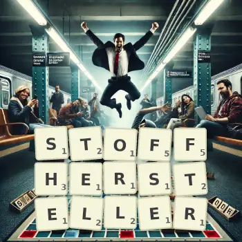 Kreative Illustration für ein Scrabble-Spiel, bei dem das Wort STOFFHERSTELLER mit Steinen auf dem Brett gelegt wurde.