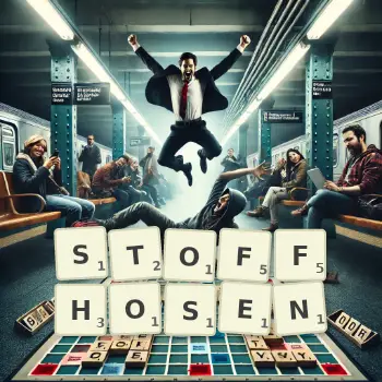 Kreative Illustration für ein Scrabble-Spiel, bei dem das Wort STOFFHOSEN mit Steinen auf dem Brett gelegt wurde.