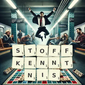 Kreative Illustration für ein Scrabble-Spiel, bei dem das Wort STOFFKENNTNIS mit Steinen auf dem Brett gelegt wurde.