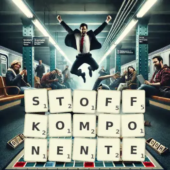Kreative Illustration für ein Scrabble-Spiel, bei dem das Wort STOFFKOMPONENTE mit Steinen auf dem Brett gelegt wurde.