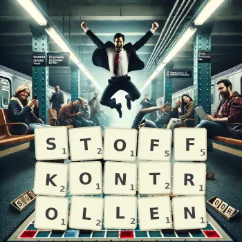 Kreative Illustration für ein Scrabble-Spiel, bei dem das Wort STOFFKONTROLLEN mit Steinen auf dem Brett gelegt wurde.
