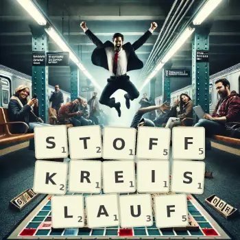 Kreative Illustration für ein Scrabble-Spiel, bei dem das Wort STOFFKREISLAUF mit Steinen auf dem Brett gelegt wurde.