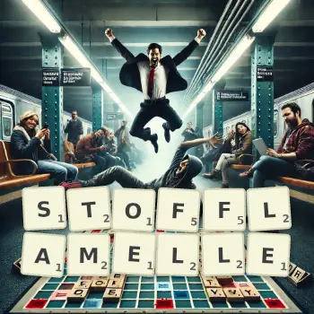 Kreative Illustration für ein Scrabble-Spiel, bei dem das Wort STOFFLAMELLE mit Steinen auf dem Brett gelegt wurde.