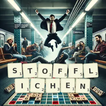 Kreative Illustration für ein Scrabble-Spiel, bei dem das Wort STOFFLICHEN mit Steinen auf dem Brett gelegt wurde.
