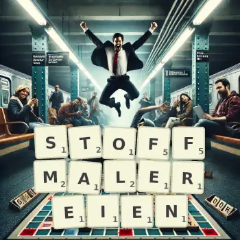 Kreative Illustration für ein Scrabble-Spiel, bei dem das Wort STOFFMALEREIEN mit Steinen auf dem Brett gelegt wurde.