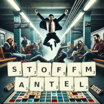 Kreative Illustration für ein Scrabble-Spiel, bei dem das Wort STOFFMANTEL mit Steinen auf dem Brett gelegt wurde.