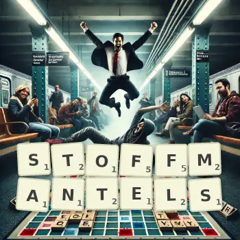 Kreative Illustration für ein Scrabble-Spiel, bei dem das Wort STOFFMANTELS mit Steinen auf dem Brett gelegt wurde.