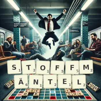 Kreative Illustration für ein Scrabble-Spiel, bei dem das Wort STOFFMÄNTEL mit Steinen auf dem Brett gelegt wurde.