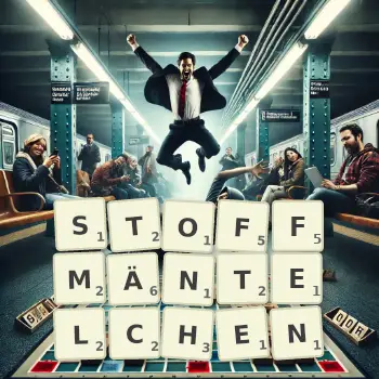 Kreative Illustration für ein Scrabble-Spiel, bei dem das Wort STOFFMÄNTELCHEN mit Steinen auf dem Brett gelegt wurde.