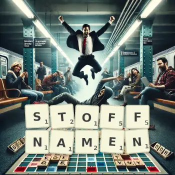 Kreative Illustration für ein Scrabble-Spiel, bei dem das Wort STOFFNAMEN mit Steinen auf dem Brett gelegt wurde.