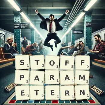 Kreative Illustration für ein Scrabble-Spiel, bei dem das Wort STOFFPARAMETERN mit Steinen auf dem Brett gelegt wurde.