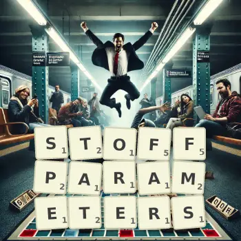 Kreative Illustration für ein Scrabble-Spiel, bei dem das Wort STOFFPARAMETERS mit Steinen auf dem Brett gelegt wurde.