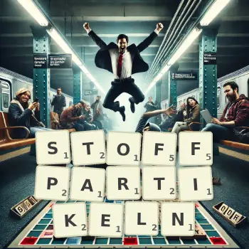 Kreative Illustration für ein Scrabble-Spiel, bei dem das Wort STOFFPARTIKELN mit Steinen auf dem Brett gelegt wurde.
