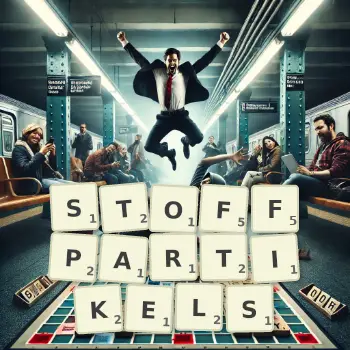 Kreative Illustration für ein Scrabble-Spiel, bei dem das Wort STOFFPARTIKELS mit Steinen auf dem Brett gelegt wurde.