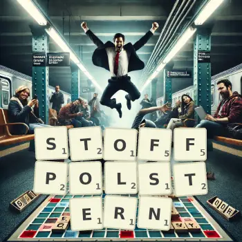 Kreative Illustration für ein Scrabble-Spiel, bei dem das Wort STOFFPOLSTERN mit Steinen auf dem Brett gelegt wurde.