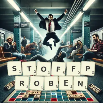 Kreative Illustration für ein Scrabble-Spiel, bei dem das Wort STOFFPROBEN mit Steinen auf dem Brett gelegt wurde.