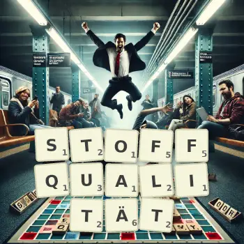 Kreative Illustration für ein Scrabble-Spiel, bei dem das Wort STOFFQUALITÄT mit Steinen auf dem Brett gelegt wurde.