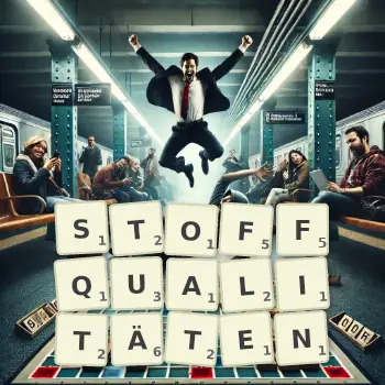 Kreative Illustration für ein Scrabble-Spiel, bei dem das Wort STOFFQUALITÄTEN mit Steinen auf dem Brett gelegt wurde.