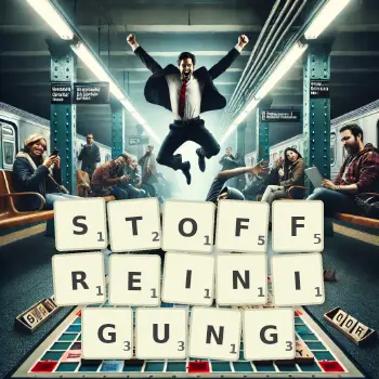 Kreative Illustration für ein Scrabble-Spiel, bei dem das Wort STOFFREINIGUNG mit Steinen auf dem Brett gelegt wurde.