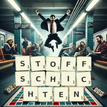 Kreative Illustration für ein Scrabble-Spiel, bei dem das Wort STOFFSCHICHTEN mit Steinen auf dem Brett gelegt wurde.