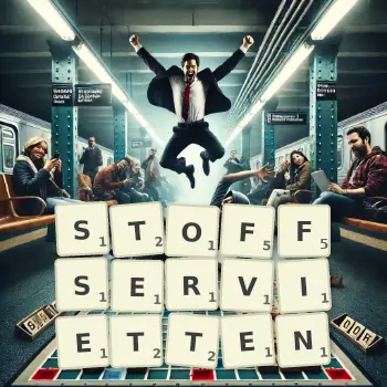 Kreative Illustration für ein Scrabble-Spiel, bei dem das Wort STOFFSERVIETTEN mit Steinen auf dem Brett gelegt wurde.