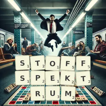 Kreative Illustration für ein Scrabble-Spiel, bei dem das Wort STOFFSPEKTRUM mit Steinen auf dem Brett gelegt wurde.