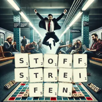Kreative Illustration für ein Scrabble-Spiel, bei dem das Wort STOFFSTREIFEN mit Steinen auf dem Brett gelegt wurde.