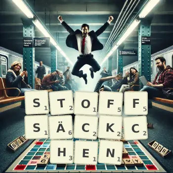 Kreative Illustration für ein Scrabble-Spiel, bei dem das Wort STOFFSÄCKCHEN mit Steinen auf dem Brett gelegt wurde.