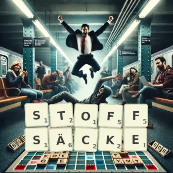 Kreative Illustration für ein Scrabble-Spiel, bei dem das Wort STOFFSÄCKE mit Steinen auf dem Brett gelegt wurde.