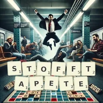 Kreative Illustration für ein Scrabble-Spiel, bei dem das Wort STOFFTAPETE mit Steinen auf dem Brett gelegt wurde.