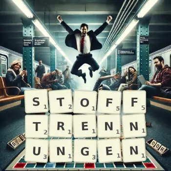 Kreative Illustration für ein Scrabble-Spiel, bei dem das Wort STOFFTRENNUNGEN mit Steinen auf dem Brett gelegt wurde.