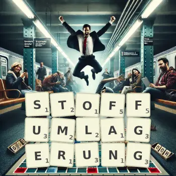 Kreative Illustration für ein Scrabble-Spiel, bei dem das Wort STOFFUMLAGERUNG mit Steinen auf dem Brett gelegt wurde.