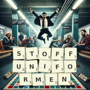 Kreative Illustration für ein Scrabble-Spiel, bei dem das Wort STOFFUNIFORMEN mit Steinen auf dem Brett gelegt wurde.