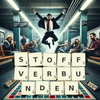 Kreative Illustration für ein Scrabble-Spiel, bei dem das Wort STOFFVERBUNDEN mit Steinen auf dem Brett gelegt wurde.