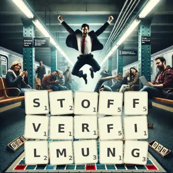 Kreative Illustration für ein Scrabble-Spiel, bei dem das Wort STOFFVERFILMUNG mit Steinen auf dem Brett gelegt wurde.