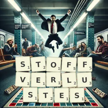 Kreative Illustration für ein Scrabble-Spiel, bei dem das Wort STOFFVERLUSTES mit Steinen auf dem Brett gelegt wurde.