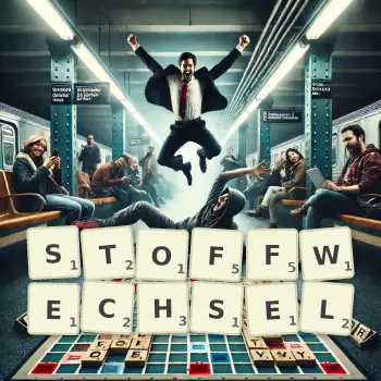 Kreative Illustration für ein Scrabble-Spiel, bei dem das Wort STOFFWECHSEL mit Steinen auf dem Brett gelegt wurde.