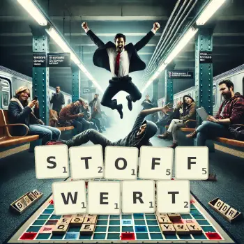 Kreative Illustration für ein Scrabble-Spiel, bei dem das Wort STOFFWERT mit Steinen auf dem Brett gelegt wurde.