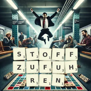Kreative Illustration für ein Scrabble-Spiel, bei dem das Wort STOFFZUFUHREN mit Steinen auf dem Brett gelegt wurde.