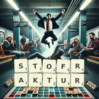 Kreative Illustration für ein Scrabble-Spiel, bei dem das Wort STOFRAKTUR mit Steinen auf dem Brett gelegt wurde.