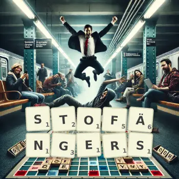 Kreative Illustration für ein Scrabble-Spiel, bei dem das Wort STOFÄNGERS mit Steinen auf dem Brett gelegt wurde.