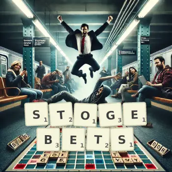 Kreative Illustration für ein Scrabble-Spiel, bei dem das Wort STOGEBETS mit Steinen auf dem Brett gelegt wurde.