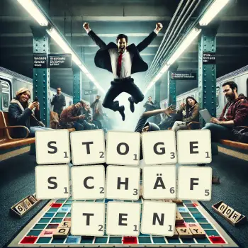 Kreative Illustration für ein Scrabble-Spiel, bei dem das Wort STOGESCHÄFTEN mit Steinen auf dem Brett gelegt wurde.