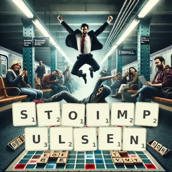 Kreative Illustration für ein Scrabble-Spiel, bei dem das Wort STOIMPULSEN mit Steinen auf dem Brett gelegt wurde.