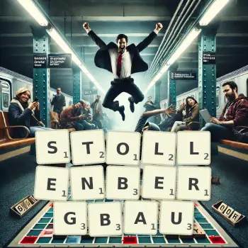 Kreative Illustration für ein Scrabble-Spiel, bei dem das Wort STOLLENBERGBAU mit Steinen auf dem Brett gelegt wurde.