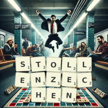 Kreative Illustration für ein Scrabble-Spiel, bei dem das Wort STOLLENZECHEN mit Steinen auf dem Brett gelegt wurde.